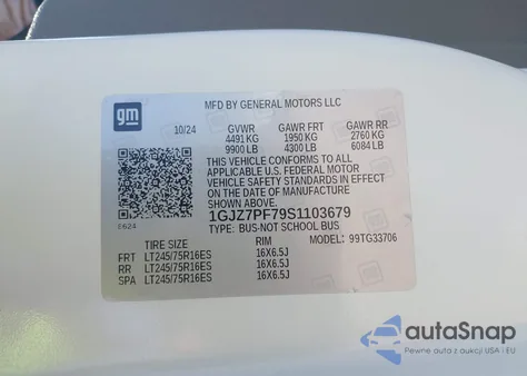 2025 GMC Savana Passenger Rwd 3500 Extended Wheelbase Lt из США, поврежденный, VIN 1GJZ7PF79S1103679